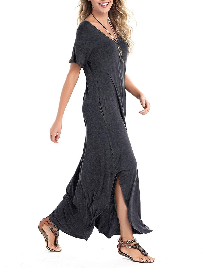 Arolina Women Summer Maxi Dress Short Sleeve V Neck Casual Loose Long Split Dresses Beach Vacation Sundress with Pockets Dark Grey - Image 4